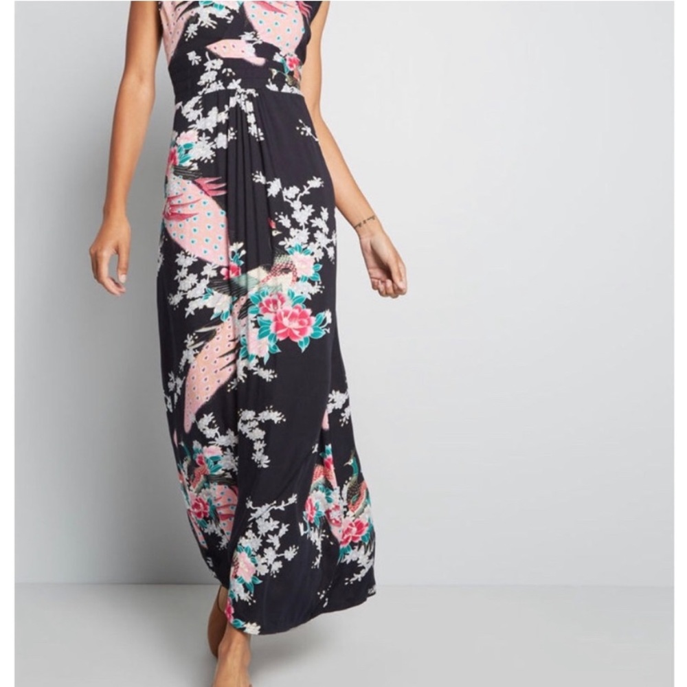 Ruby Rocks deep V peacock maxi dress